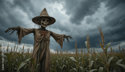 Creepy skeleton scarecrow in a cornfield under a stormy sky