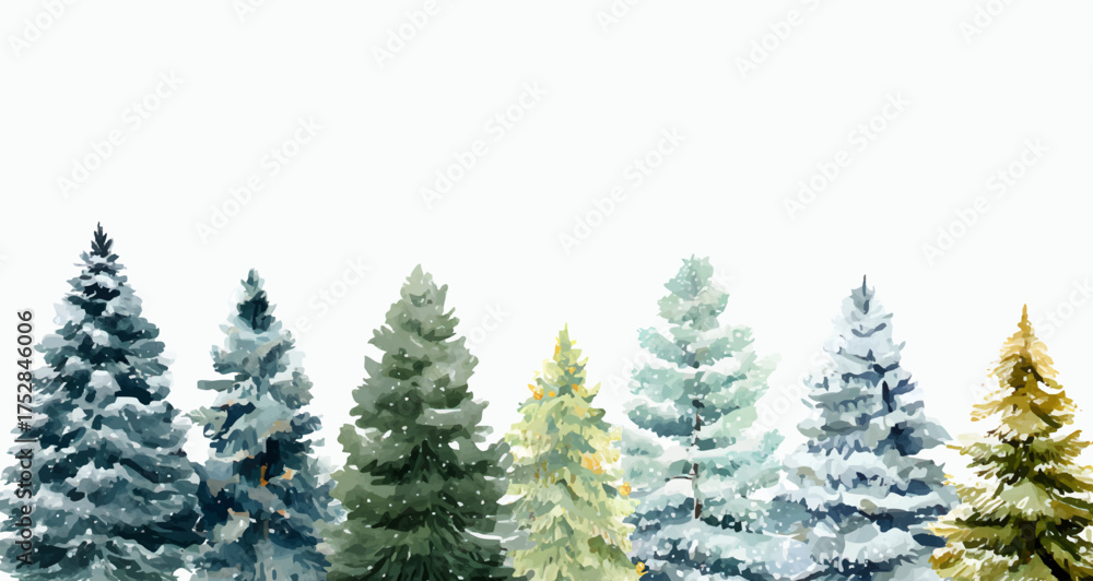 Obraz premium Winter border with forest fir trees.Forest snowy fir trees on isolated background.Template for winter and Christmas designs. Vector illustration.