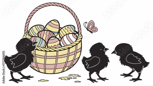Cheerful Spring Chicks and Decorated Easter Eggs in Woven Basket with Butterfly for Holiday Promotions Kids Content and Web Design