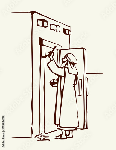 Vector drawing. The family fulfills God's command. Anoints the doorposts with the blood of the lamb