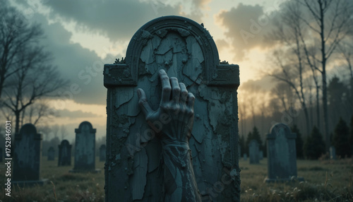 Creepy zombie hand breaking through a gravestone in a misty graveyard