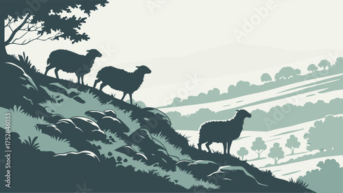 Peaceful Sheep Silhouettes Grazing on a Rural Hillside. Minimalist Nature Landscape for Agriculture, Farming, and Countryside Design.