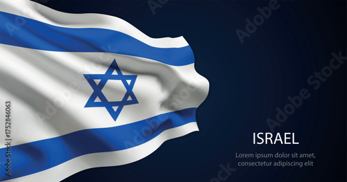 Israel national flag with elegant folds on dark background