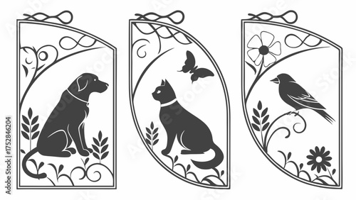 Charming Pet and Nature Silhouettes Vector Art for Home Decor Dog Cat Bird Flower Graphic for Crafts Laser Cutting and Personalized Gifts