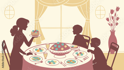 Loving Mother Serving Dessert to Happy Children at Home Family Dinner Meal Illustration