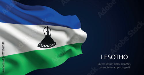 Lesotho national flag with elegant folds on dark background