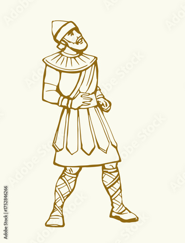 Vector drawing. The king looks at the youths in the oven