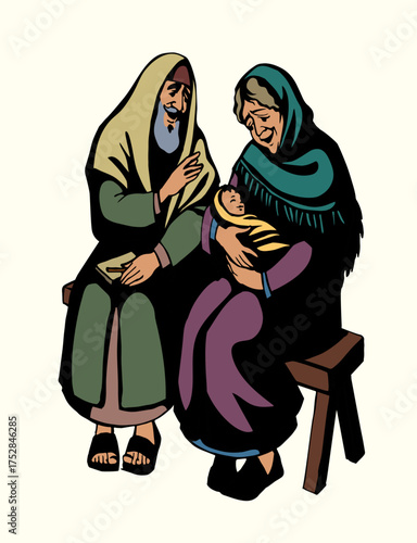Vector drawing. Mother and father with a baby