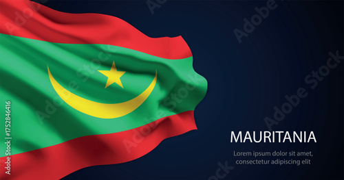 Mauritania national flag with elegant folds on dark background