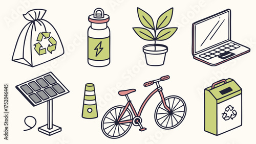 Sustainable Living and Green Energy. Eco-Friendly Recycling, Solar Power, Electric Battery, and Clean Technology for a Better Future