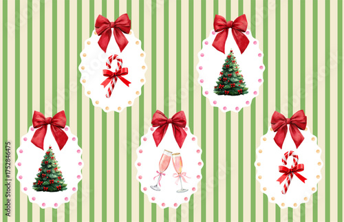 Christmas vintage pattern with frames. Retro background with frames with Christmas elements Christmas tree, champagne, candy and decorated with a bow. Holiday wrapping paper.