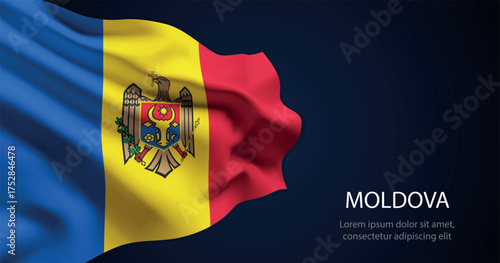 Moldova national flag with elegant folds on dark background