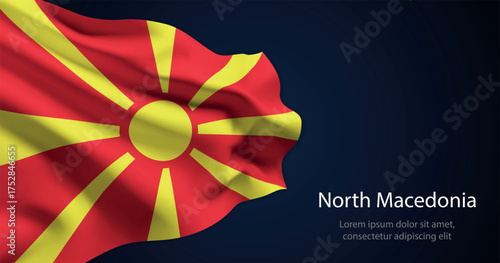 North Macedonia national flag with elegant folds on dark background