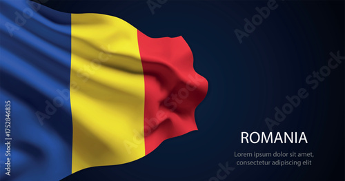 Romania national flag with elegant folds on dark background