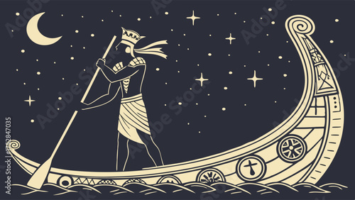 Ancient Mythological Figure Paddling Boat Under Starry Night Sky Guiding Journey Destiny Exploration Wisdom Illustration