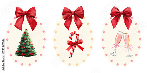 Christmas decoration border with fir tree, candy and champagne. Watercolor vintage frames. Oval frames decorated with red bow with Christmas elements. Vector illustration.