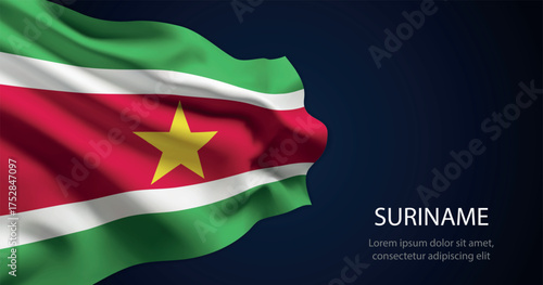 Suriname national flag with elegant folds on dark background
