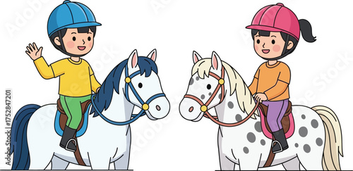 Joyful children in riding gear happily sitting on horses