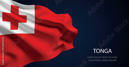 Tonga national flag with elegant folds on dark background