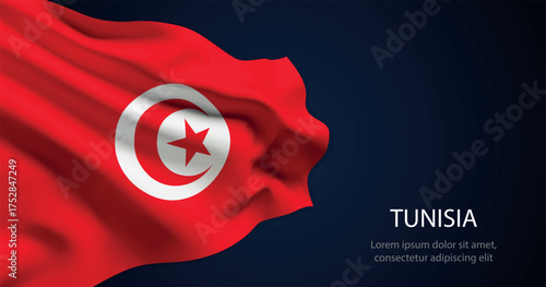 Tunisia national flag with elegant folds on dark background