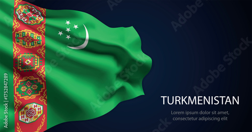 Turkmenistan national flag with elegant folds on dark background
