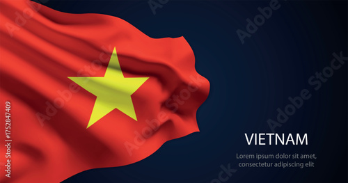 Vietnam national flag with elegant folds on dark background