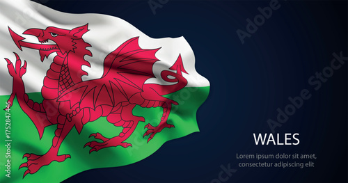 Wales national flag with elegant folds on dark background