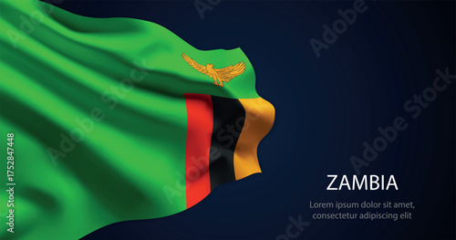 Zambia national flag with elegant folds on dark background