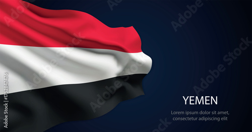 Yemen national flag with elegant folds on dark background