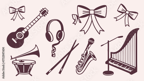 Festive Musical Instruments and Decorative Bows Outline for Music Education Concerts Party Invitations Gift Guides Entertainment and Creative Web Design