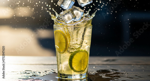 Refreshing cocktail with ice cubes splashing into a glass filled with citrus fruit slices, perfect for summer vibes