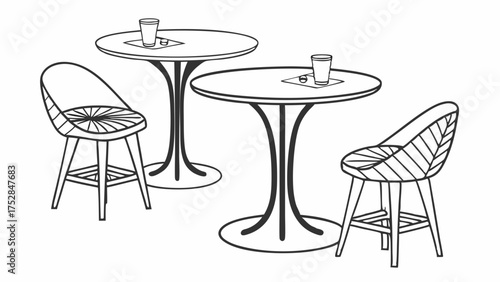 Empty Cafe Tables and Chairs Line Art for Bistro Interior Design and Restaurant Hospitality Marketing