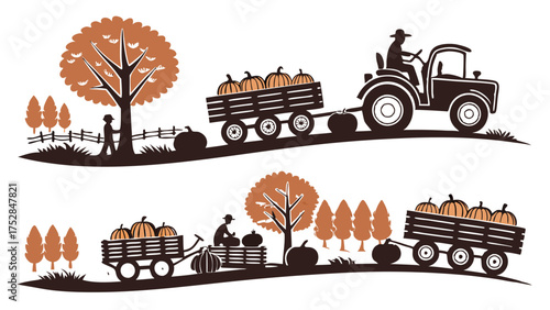 Autumn Harvest Farm Scene with Farmers and Tractor Transporting Pumpkins. Rustic Fall Festival Agriculture Marketing Graphic.