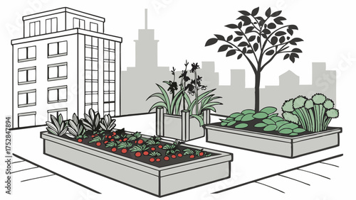 Urban Farming Rooftop Garden with Fresh Vegetables and Fruit Growing in City Planters for Sustainable Living and Green Agriculture Illustration