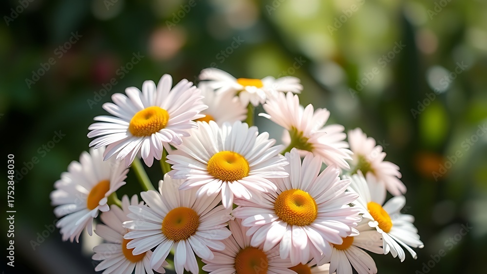 Fototapeta premium Fresh daisy bouquet bathed in soft sunlight, showcasing delicate pastel petals.