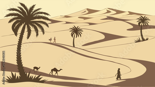 Desert Oasis Landscape with Caravan on an Enduring Journey Through Vast Sand Dunes and Palm Trees Vector Illustration for Travel Exploration
