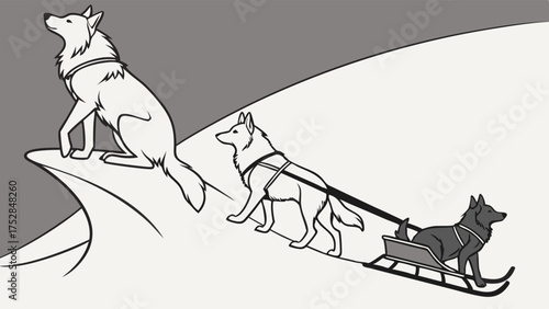 Strong Sled Dogs Pulling Sled Through Snowy Winter Landscape Illustration with Leader on Mountain Peak Symbolizing Teamwork Leadership Perseverance