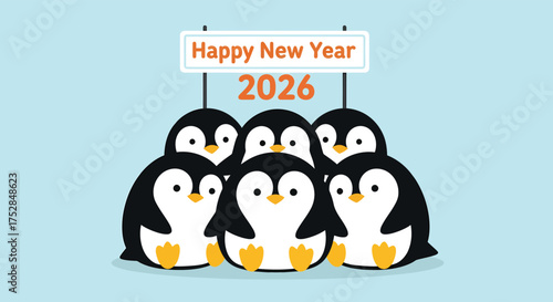 Penguins celebrate happy new year 2026 with a sign in a festive winter scene, conveying joy and anticipation for the upcoming year.