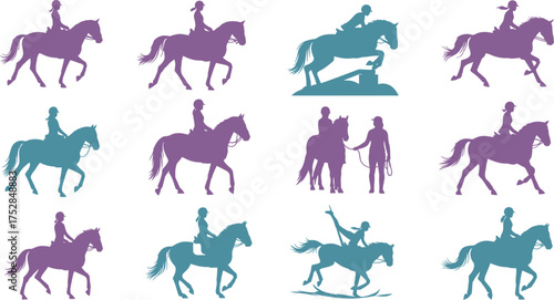Diverse equestrian silhouettes showcasing riders and horses in various poses and activities.