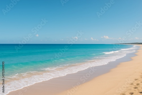Seashore Serenity: Turquoise ocean waves gently caress a pristine sandy beach under a clear blue sky, embodying tranquility and relaxation.