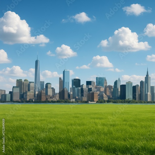 City Skyline and Meadow under Blue Sky: A sprawling cityscape rises in the distance.