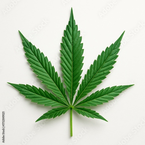 Cannabis Leaf: The close-up captures the detailed texture and vibrant green of a cannabis leaf, isolated against a clean backdrop, showcasing its natural form and intricate veins.