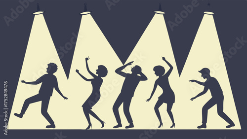 Energetic Silhouettes of Diverse People Dancing Under Bright Spotlights at a Lively Party or Music Event Celebration