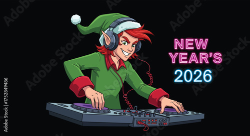 Christmas elf dj mixing music at new year's party with headphones and turntable, creating festive atmosphere.