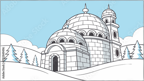 Whimsical Igloo Cathedral Illustration Snowy Winter Landscape Fantasy Ice Church for Seasonal Tourism Holiday Marketing Designs