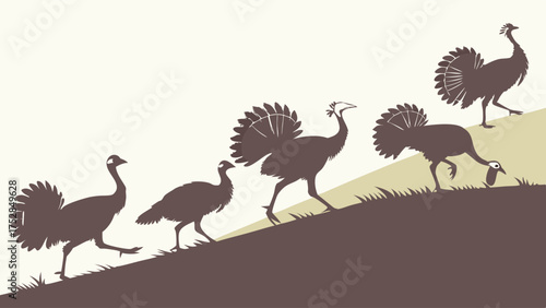 Wild Turkeys Walking Uphill Silhouette for Thanksgiving Holiday Season Celebration and Business Growth Progress Journey