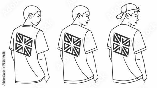 Young Men Wearing Casual Streetwear Trendy Graphic T-Shirts with Geometric Back Print Design Urban Fashion Illustration Youthful Lifestyle