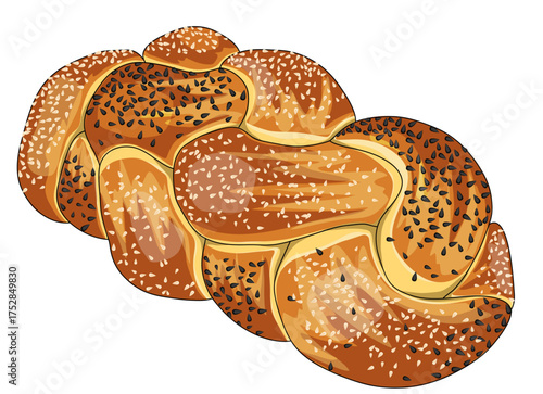 Jewish Popular Holiday Challah Bread Loaf with Black & White Sesame Isolated Illustration