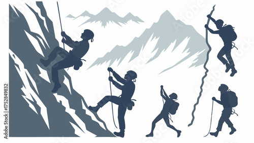 Mountain Climbing and Hiking Adventure Silhouettes. Climbers and Trekkers Ascending Rocky Peaks. Outdoor Sport, Challenge, Success, and Active Lifestyle.