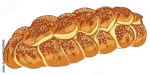 Braided Challah Loaf with Sesame Seeds Illustration - Traditional Jewish Shabbat and Holiday Sweet Bread